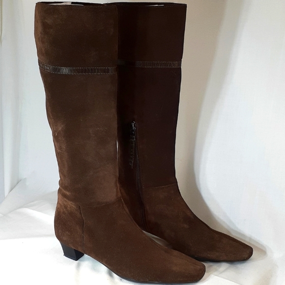 Prada brown suede leather heeled square-toed boots size 36.5 size 6.5 - Picture 1 of 11